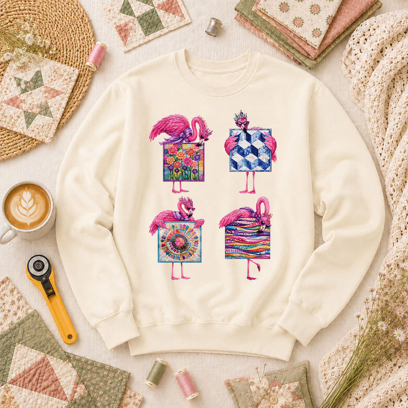 Pink Flamingos Quilt Blocks Grid Long Sleeve - Natural