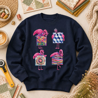 Pink Flamingos Quilt Blocks Grid Long Sleeve - Navy
