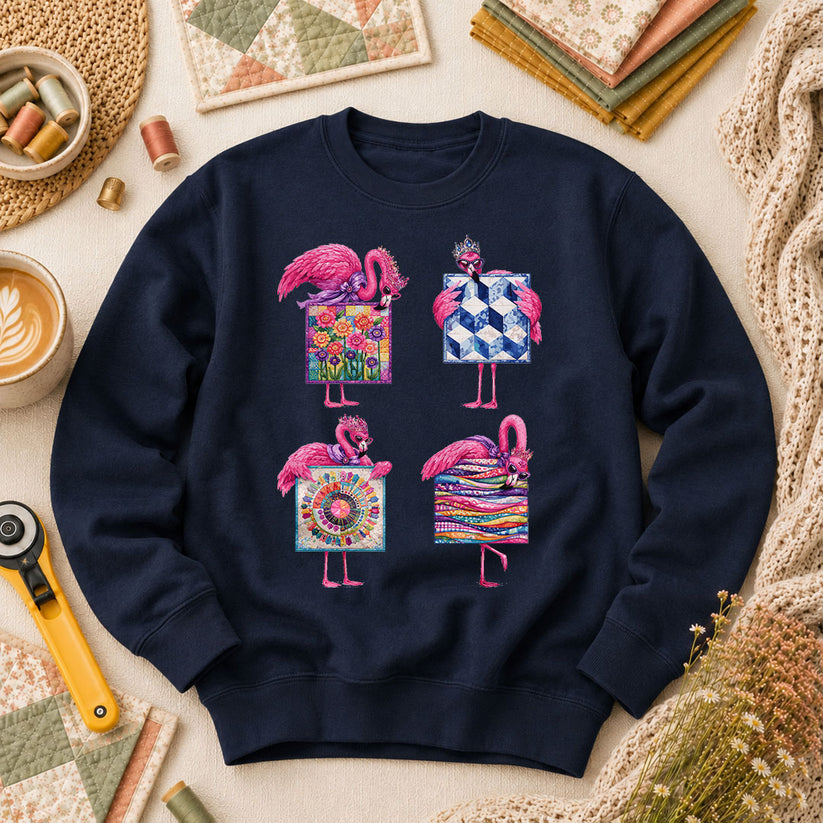 Pink Flamingos Quilt Blocks Grid Long Sleeve - Navy