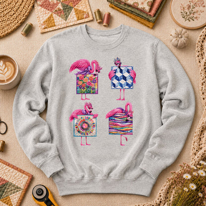 Pink Flamingos Quilt Blocks Grid Long Sleeve - Sport Grey