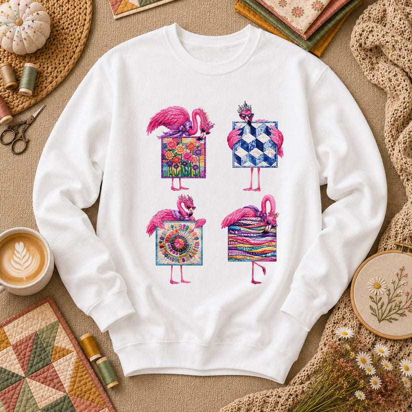 Pink Flamingos Quilt Blocks Grid Long Sleeve - White