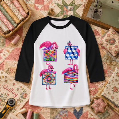 Pink Flamingos Quilt Blocks Grid Raglan Sleeve - Black