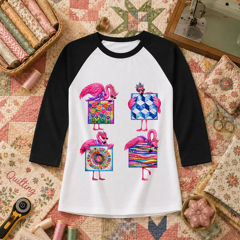 Pink Flamingos Quilt Blocks Grid Raglan Sleeve - Black