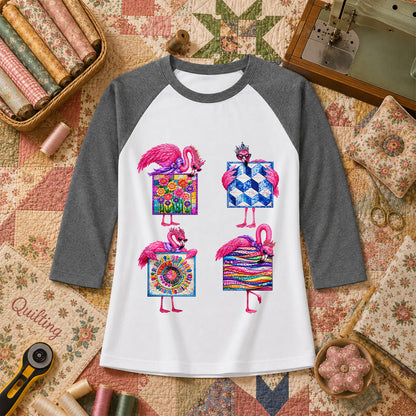 Pink Flamingos Quilt Blocks Grid Raglan Sleeve - Deep Heather