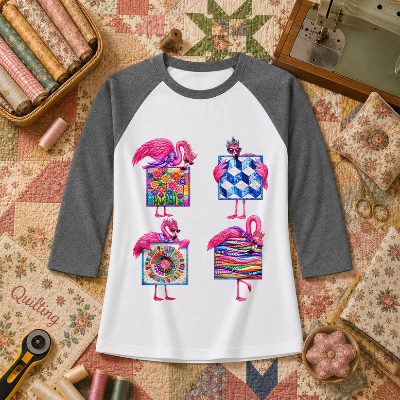 Pink Flamingos Quilt Blocks Grid Raglan Sleeve - Deep Heather