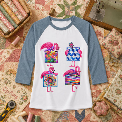 Pink Flamingos Quilt Blocks Grid Raglan Sleeve - Denim
