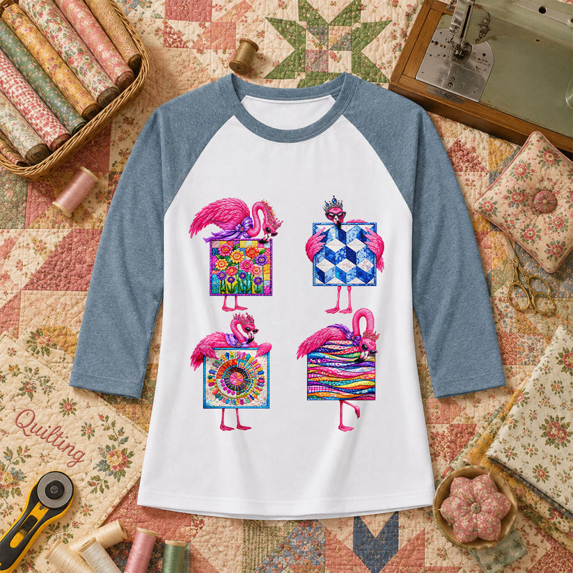 Pink Flamingos Quilt Blocks Grid Raglan Sleeve - Denim