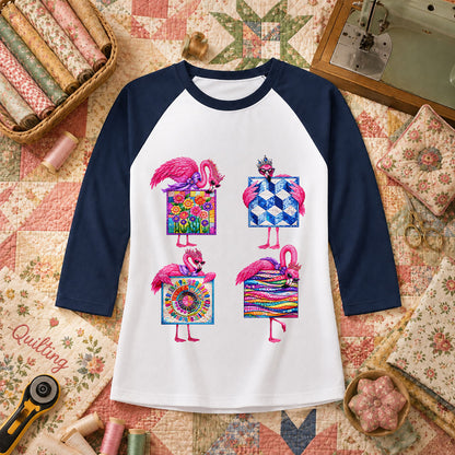 Pink Flamingos Quilt Blocks Grid Raglan Sleeve - Navy