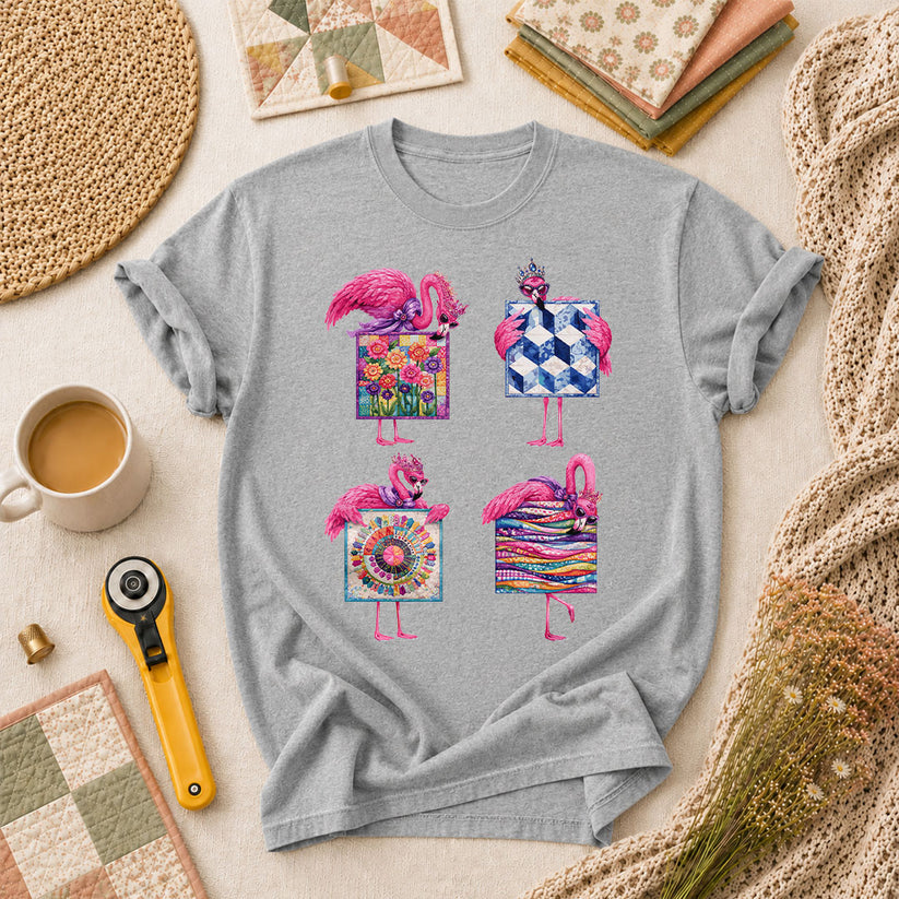 Pink Flamingos Quilt Blocks Grid T-Shirt - Athletic Heather