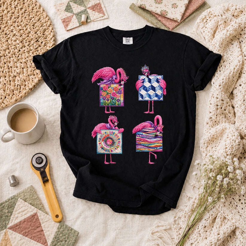 Pink Flamingos Quilt Blocks Grid T-Shirt - Black