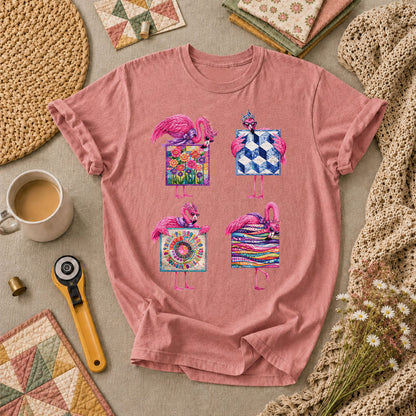 Pink Flamingos Quilt Blocks Grid T-Shirt - Heather Mauve