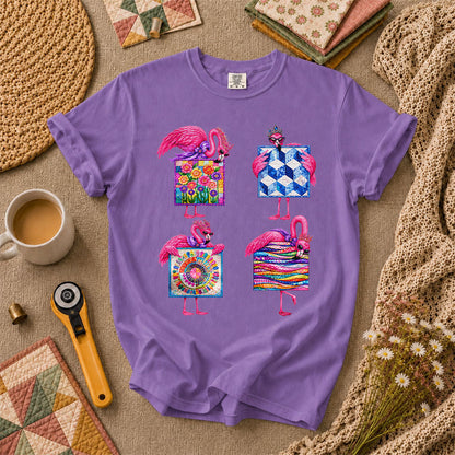 Pink Flamingos Quilt Blocks Grid T-Shirt - Heather Team Purple