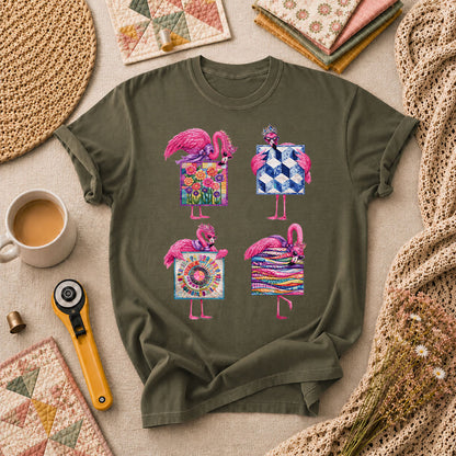 Pink Flamingos Quilt Blocks Grid T-Shirt - Military Green