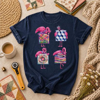 Pink Flamingos Quilt Blocks Grid T-Shirt - Navy