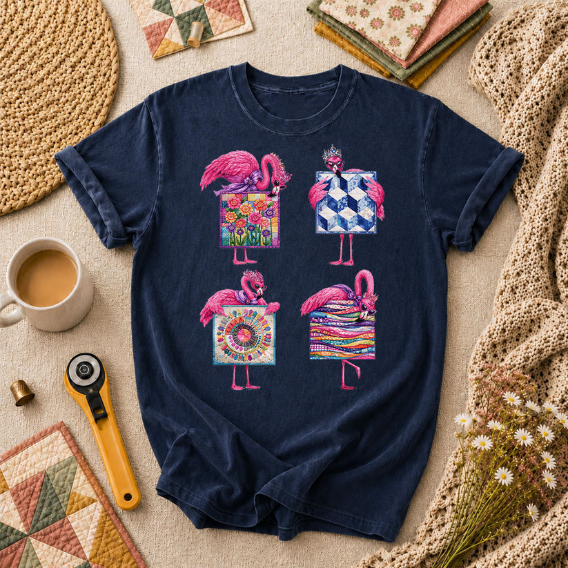 Pink Flamingos Quilt Blocks Grid T-Shirt - Navy