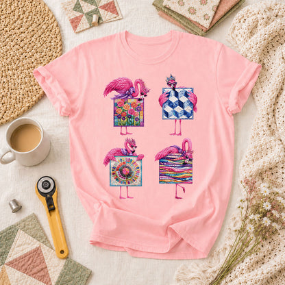 Pink Flamingos Quilt Blocks Grid T-Shirt - Pink
