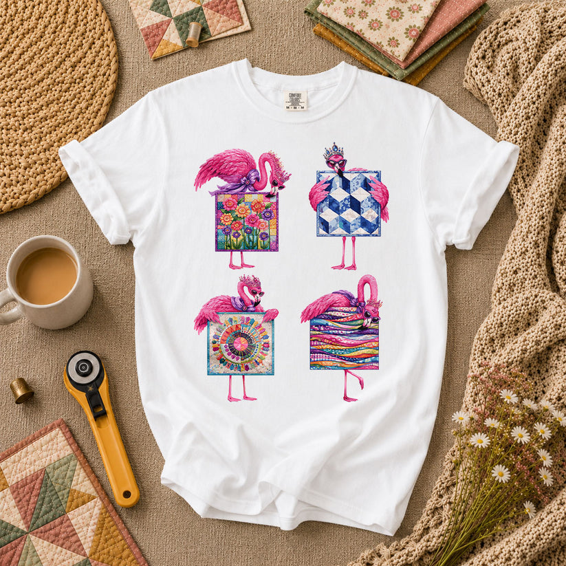 Pink Flamingos Quilt Blocks Grid T-Shirt - White