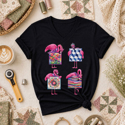 Pink Flamingos Quilt Blocks Grid Women's V-Neck - Black