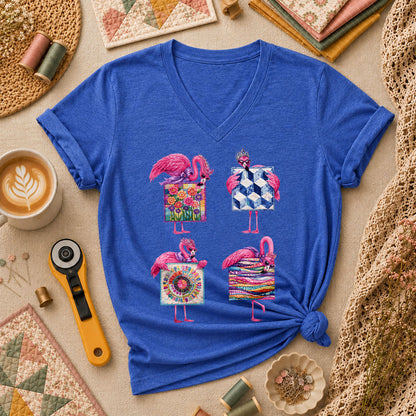 Pink Flamingos Quilt Blocks Grid Women's V-Neck - Heather True Royal