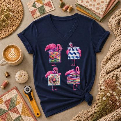 Pink Flamingos Quilt Blocks Grid Women's V-Neck - Navy