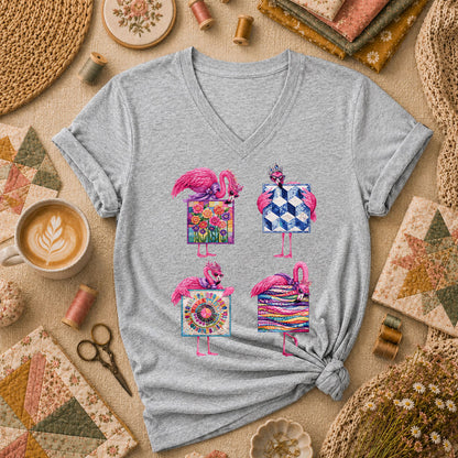 Pink Flamingos Quilt Blocks Grid Women's V-Neck - Sport Grey