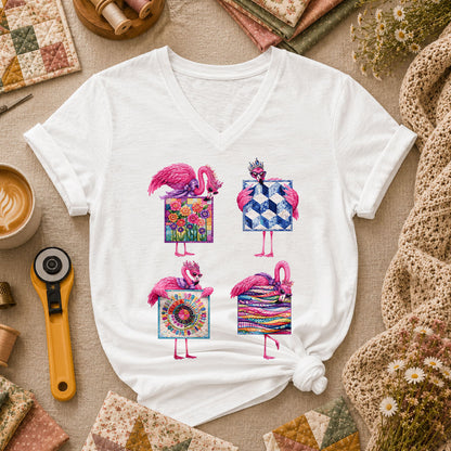 Pink Flamingos Quilt Blocks Grid Women's V-Neck - White