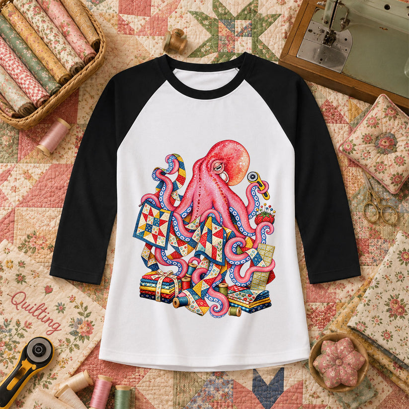 Pink Octopus Quilting Patchwork Raglan Sleeve - Black