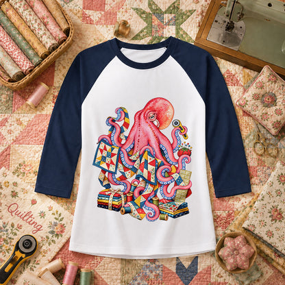 Pink Octopus Quilting Patchwork Raglan Sleeve - Navy