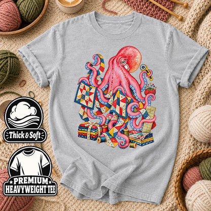 Pink Octopus Quilting Patchwork T-Shirt - Athletic Heather