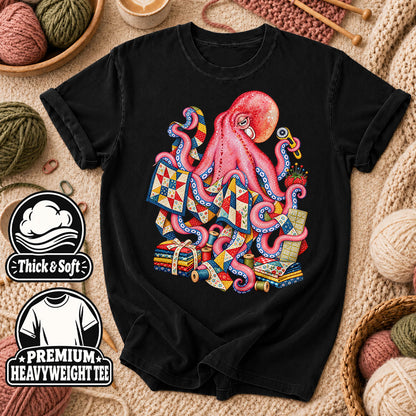 Pink Octopus Quilting Patchwork T-Shirt - Black