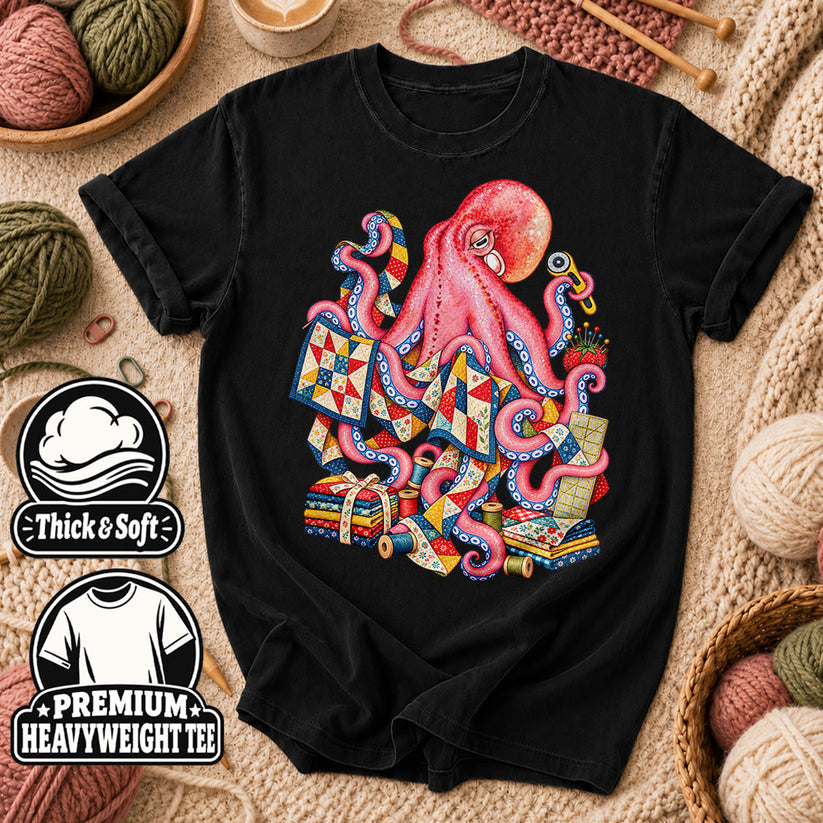 Pink Octopus Quilting Patchwork T-Shirt - Black