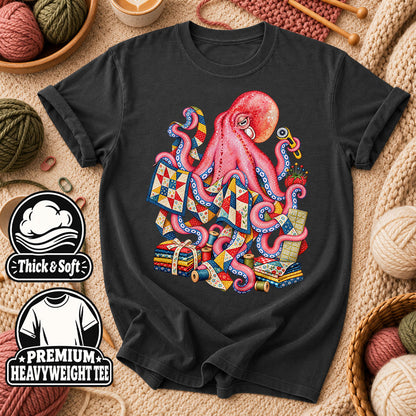 Pink Octopus Quilting Patchwork T-Shirt - Dark Heather Grey