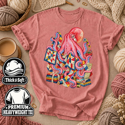 Pink Octopus Quilting Patchwork T-Shirt - Heather Mauve