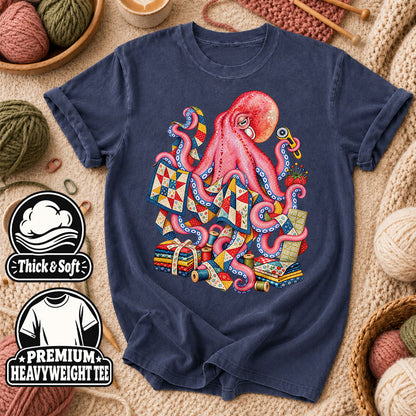 Pink Octopus Quilting Patchwork T-Shirt - Heather Navy