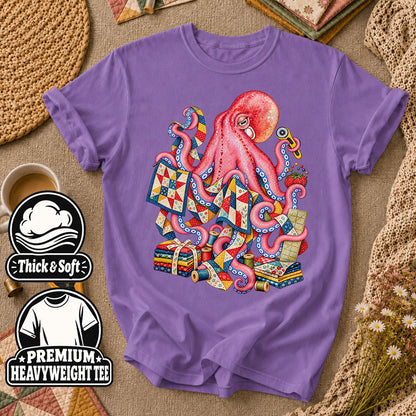 Pink Octopus Quilting Patchwork T-Shirt - Heather Team Purple