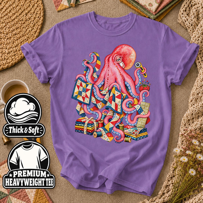 Pink Octopus Quilting Patchwork T-Shirt - Heather Team Purple