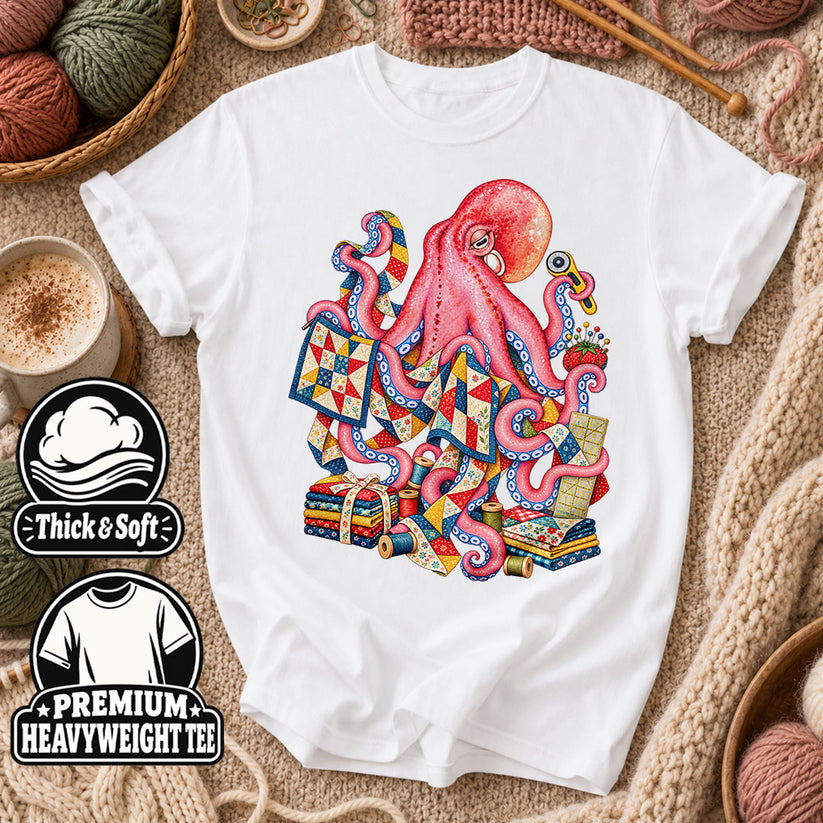 Pink Octopus Quilting Patchwork T-Shirt - White