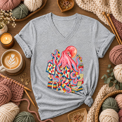 Pink Octopus Quilting Patchwork Women's V-Neck - Athletic Heather