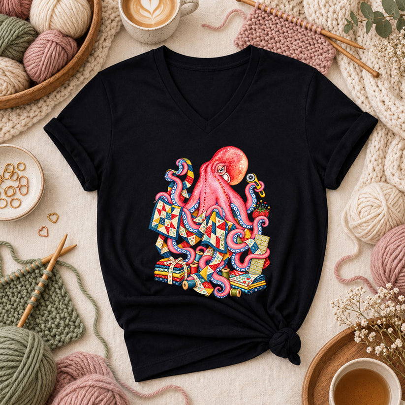 Pink Octopus Quilting Patchwork Women's V-Neck - Black