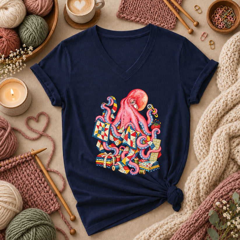 Pink Octopus Quilting Patchwork Women's V-Neck - Navy