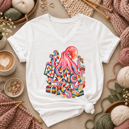 Pink Octopus Quilting Patchwork Women's V-Neck - White