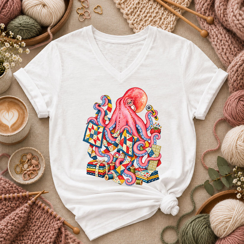 Pink Octopus Quilting Patchwork Women's V-Neck - White