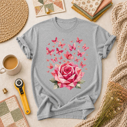Pink Patchwork Rose With Butterflies T-Shirt - Athletic Heather