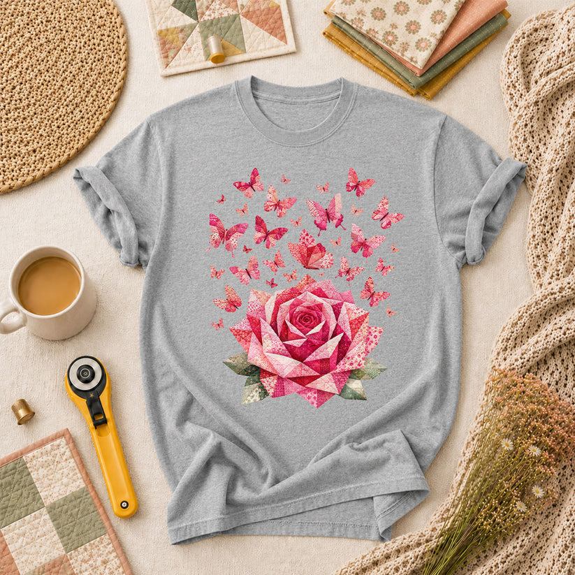 Pink Patchwork Rose With Butterflies T-Shirt - Athletic Heather