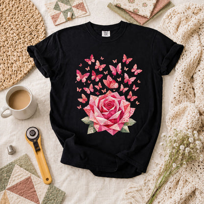 Pink Patchwork Rose With Butterflies T-Shirt - Black