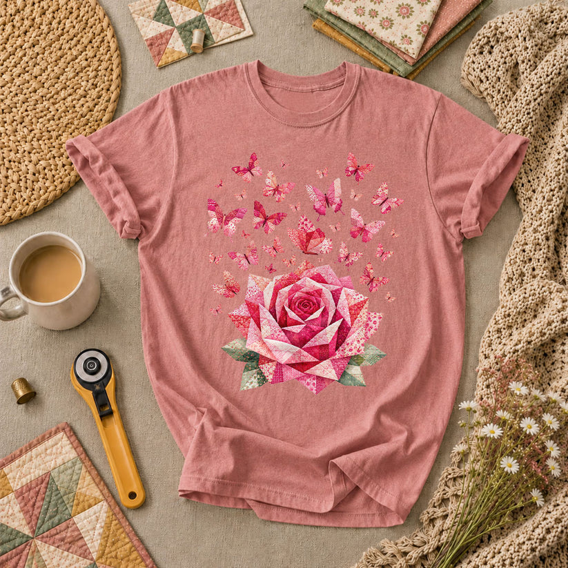 Pink Patchwork Rose With Butterflies T-Shirt - Heather Mauve