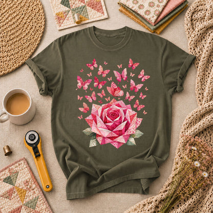 Pink Patchwork Rose With Butterflies T-Shirt - Military Green