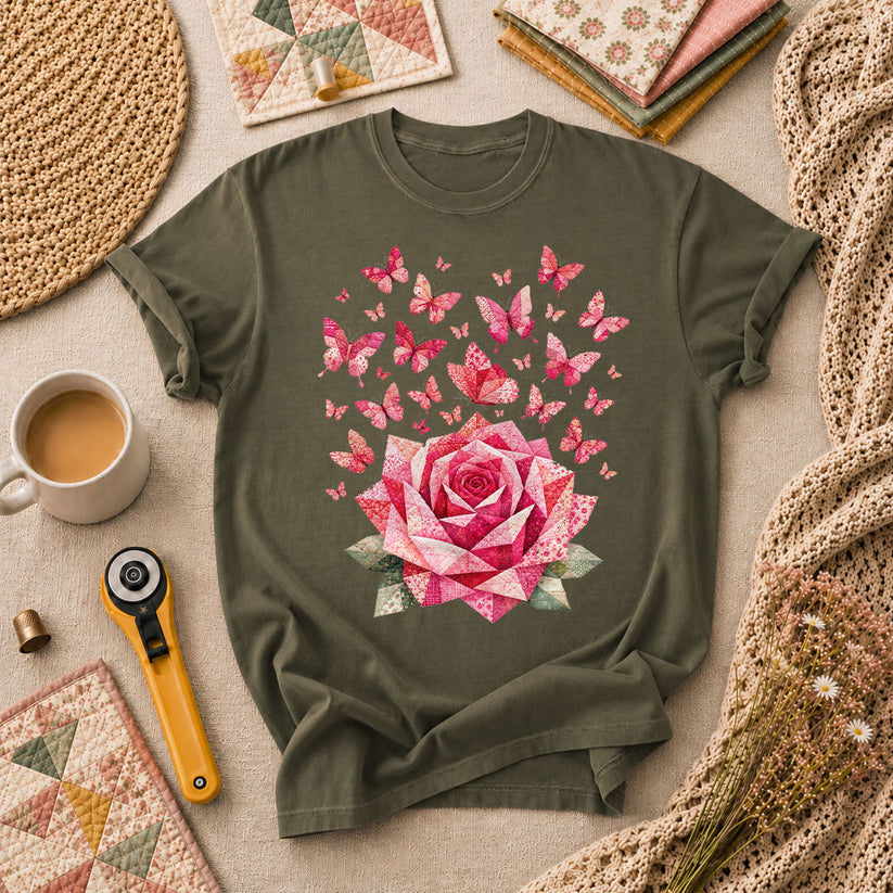 Pink Patchwork Rose With Butterflies T-Shirt - Military Green