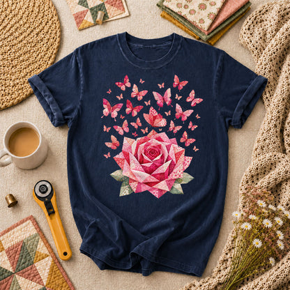 Pink Patchwork Rose With Butterflies T-Shirt - Navy