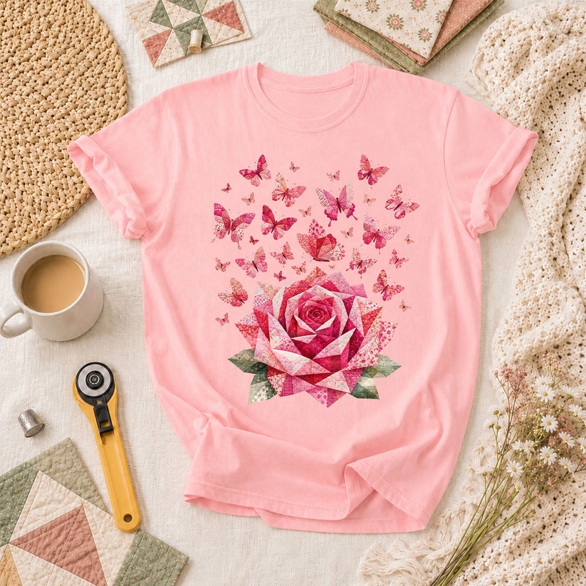 Pink Patchwork Rose With Butterflies T-Shirt - Pink